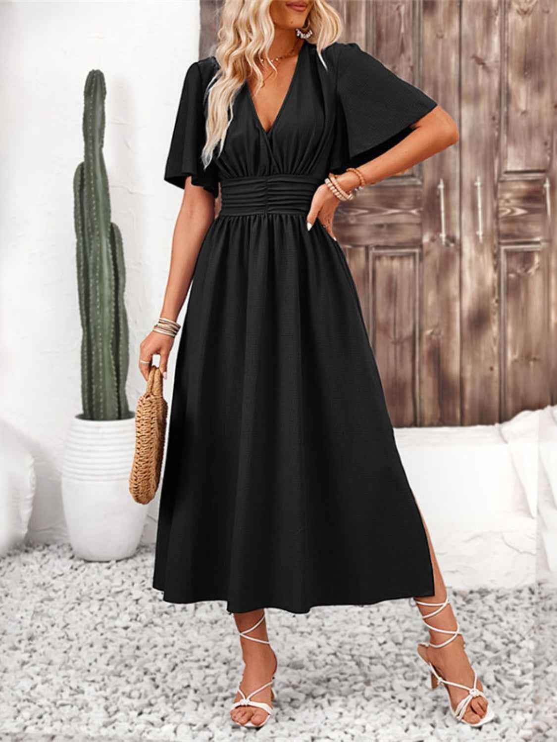 Side Slit Surplice Flutter Sleeve Midi Dress Trendsi