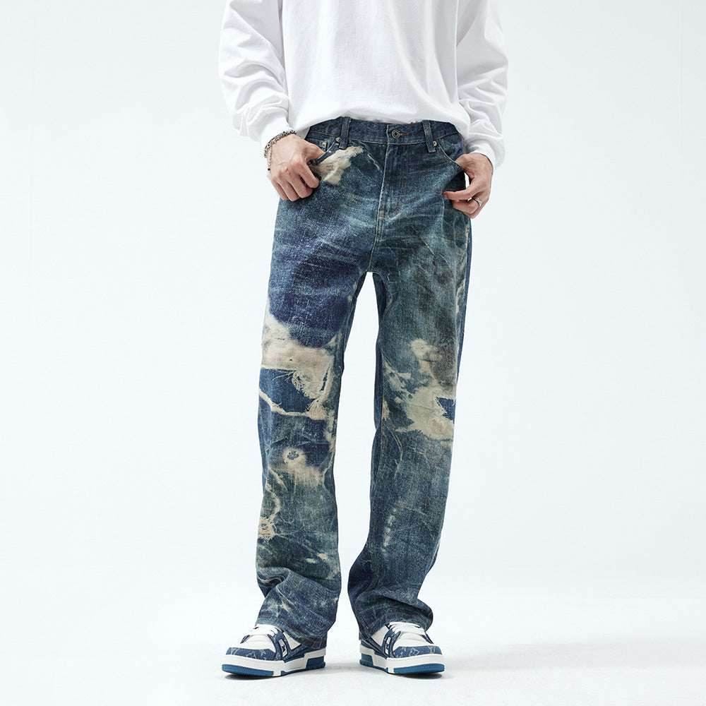 Fake Ripped Jeans Men's Fashion Straight Trousers MuddyStock