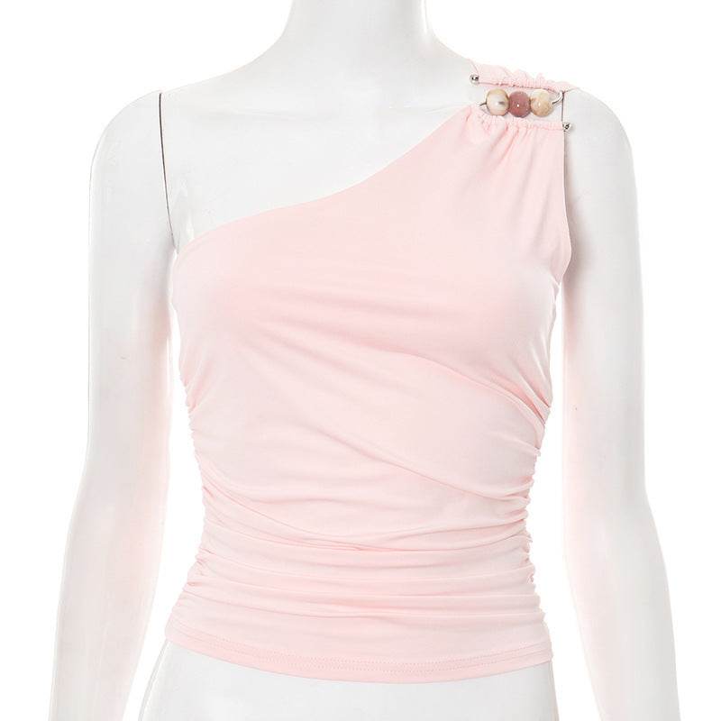 One-shoulder Knitted Vest Pink MuddyStock