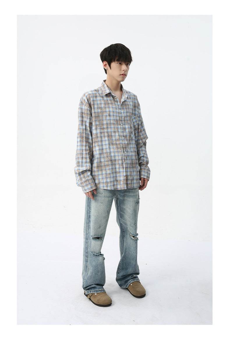 Men's Vintage Tie-dye Plaid Long-sleeved Shirt MuddyStock