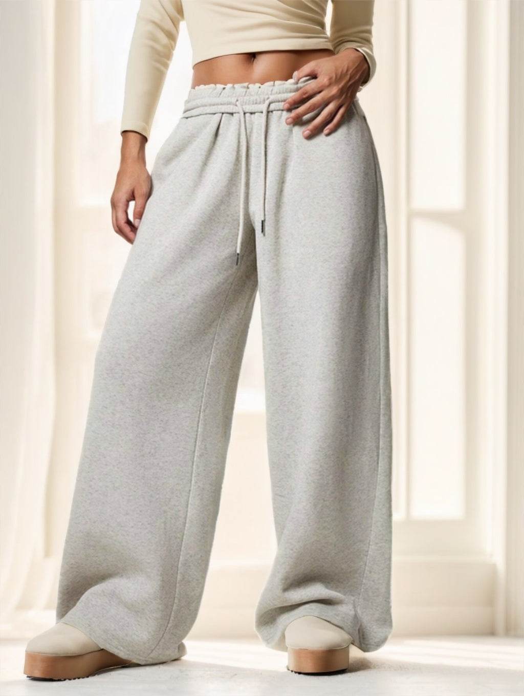 Autumn Winter New Thermal Lined Thick Casual Versatile High Waist Elastic Waist Loose Wide Leg Sweatpants Grey MuddyStock