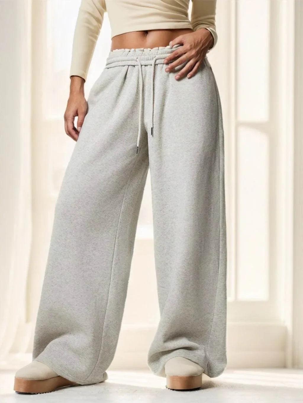 Autumn Winter New Thermal Lined Thick Casual Versatile High Waist Elastic Waist Loose Wide Leg Sweatpants Grey