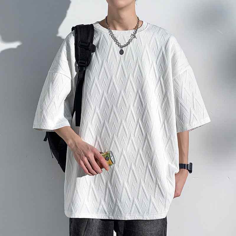 Mid-sleeve Bottoming Shirt Men's Round Neck Jacquard Solid Color Plus Size T-shirt MuddyStock
