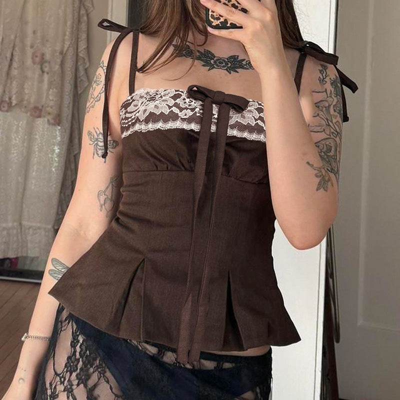 Lace With Bow Splicing Sling Top MuddyStock