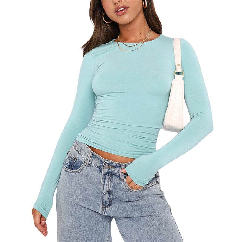 Women's Clothing Fashion Slim Long-sleeved Pullovers Tops Solid Causal Fit Shirts Color42 MuddyStock