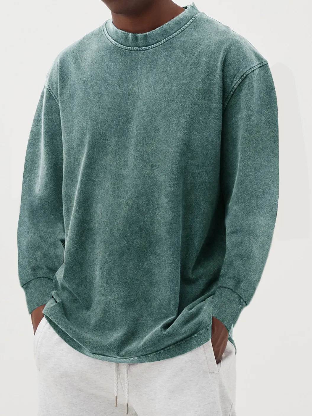 Washed Old Solid Color Men's Long-sleeved T-shirt Emerald Green MuddyStock