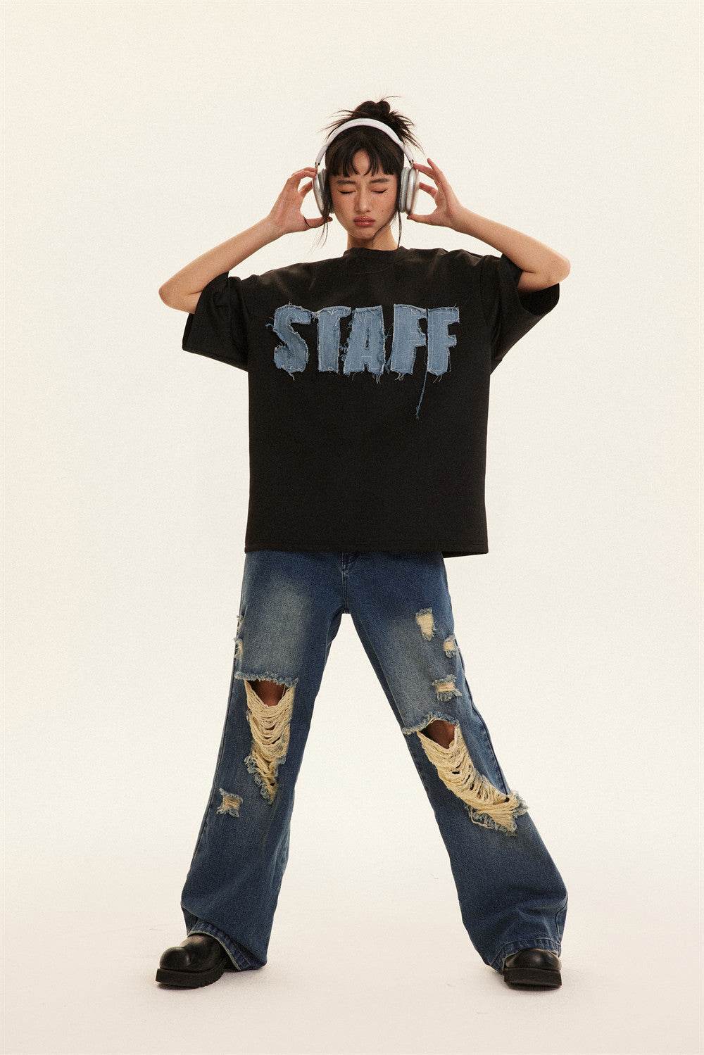 Letter Denim Patch Short Sleeve Clothing MuddyStock