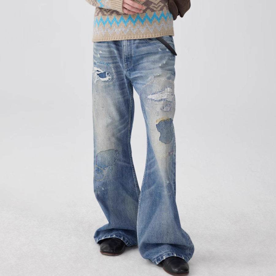 Washed Blue Patch Color Wire-track Flared Jeans For Men And Women MuddyStock