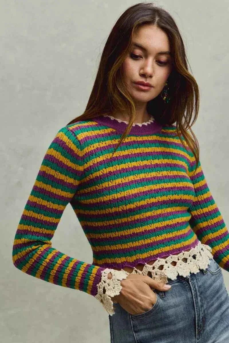 Mardi Gras Striped Cropped Knit Top with Crochet Edge For Women