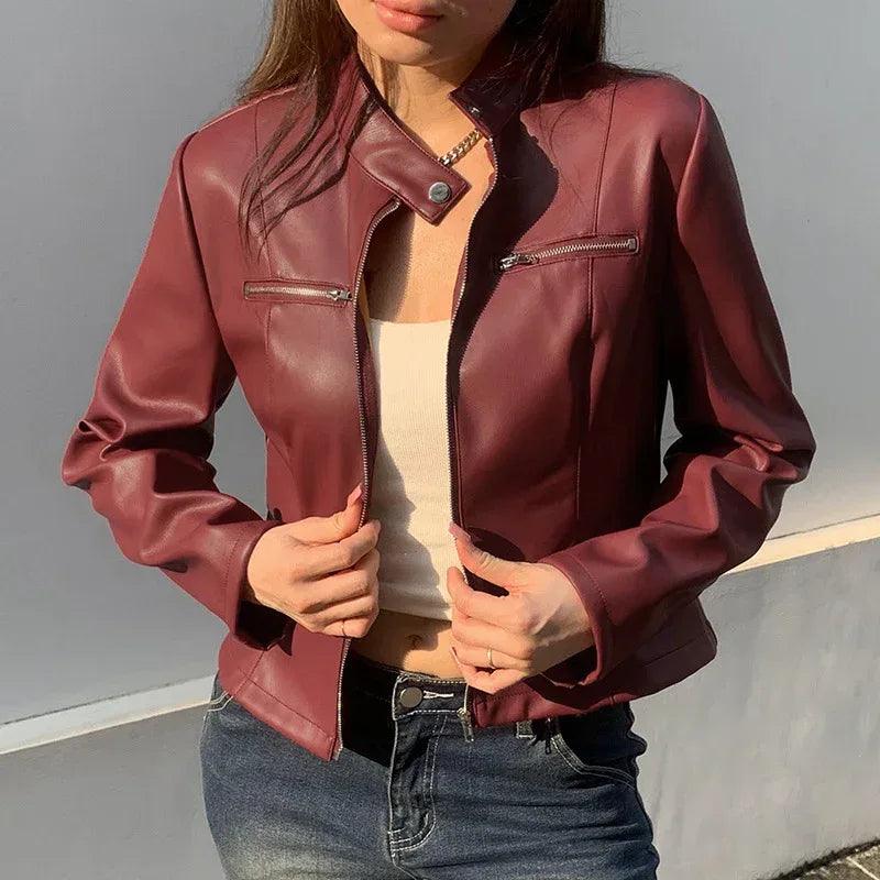 PU Leather Zipper Pocket Slim Fit Slimming Long Sleeve Jacket For Women