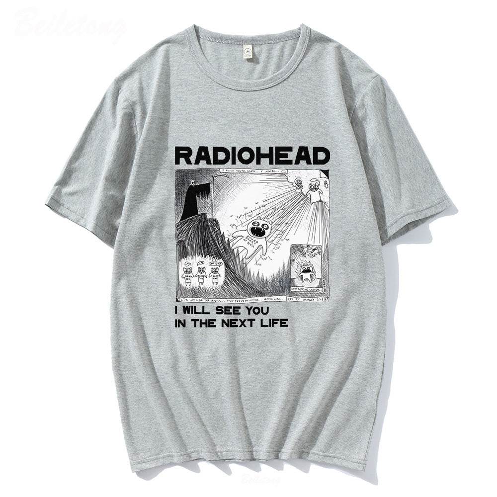 Fun Band Print Pattern Round Neck Short Sleeve Men's Grey MuddyStock