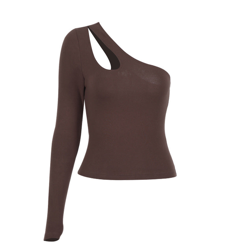 Slanted Shoulder Asymmetric Hollow Long-sleeved Bottoming Top MuddyStock