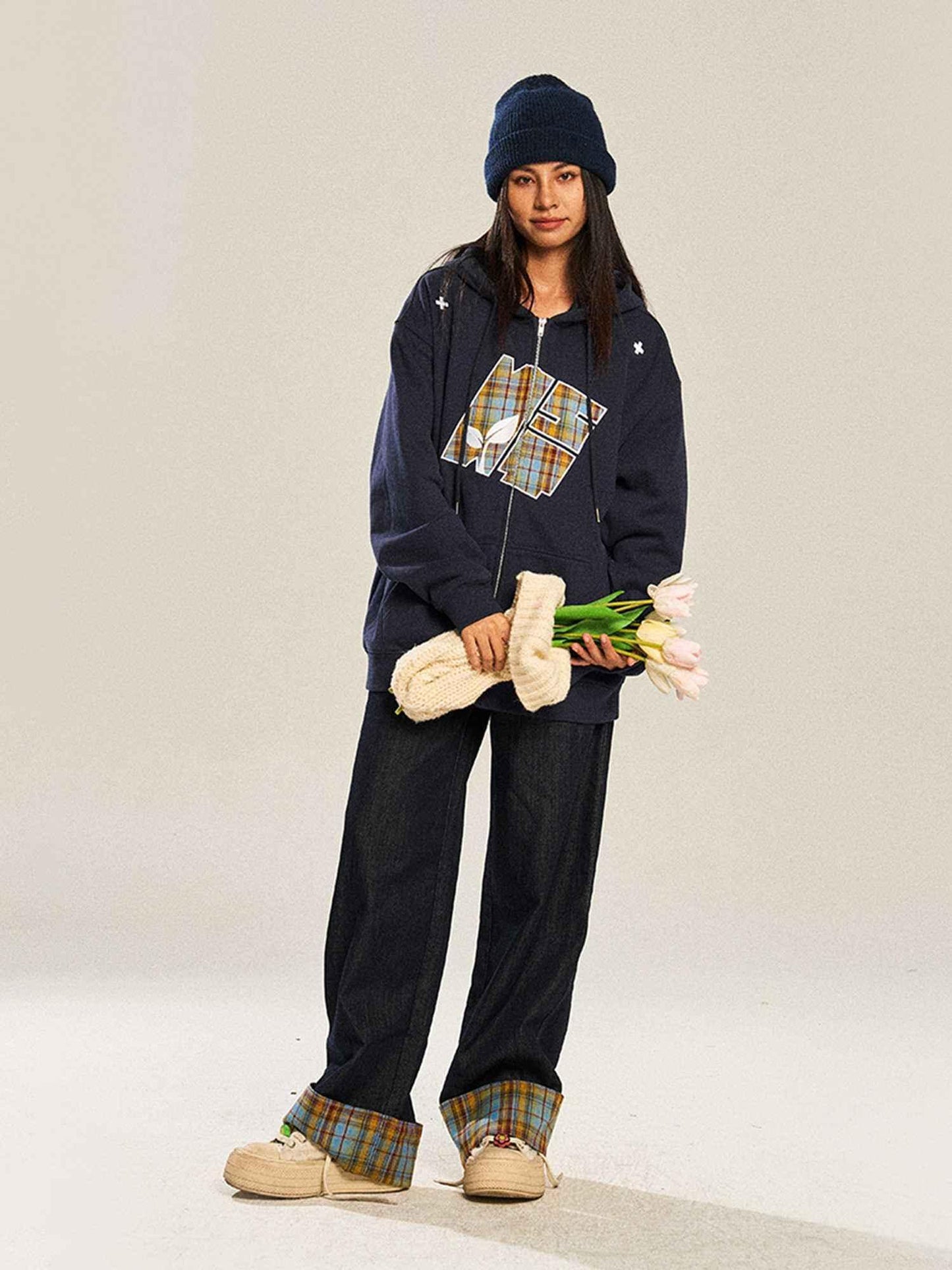 Retro Plaid Casual Straight-leg Wide Leg Jeans For Women