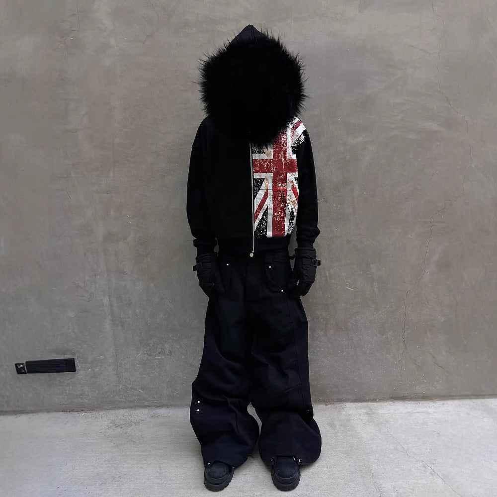 Fur Collar Printed Zipper Hoodie For Men And Women