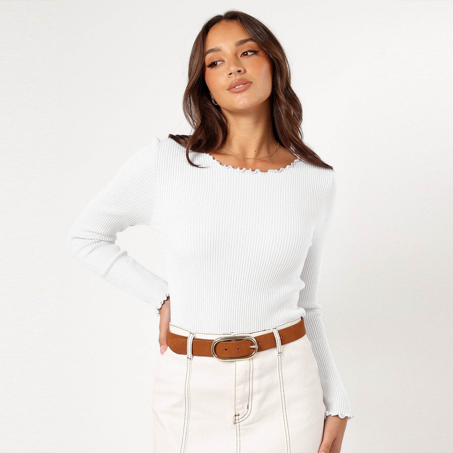Round Neck Long Sleeve Slim Fit Shoulder Rib Women's Top Beige MuddyStock