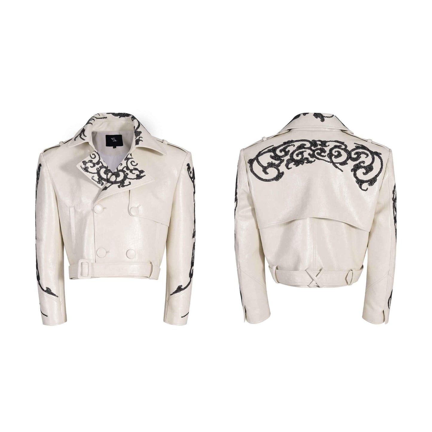 Sequins Cropped Leather Coat For Men And Women White null