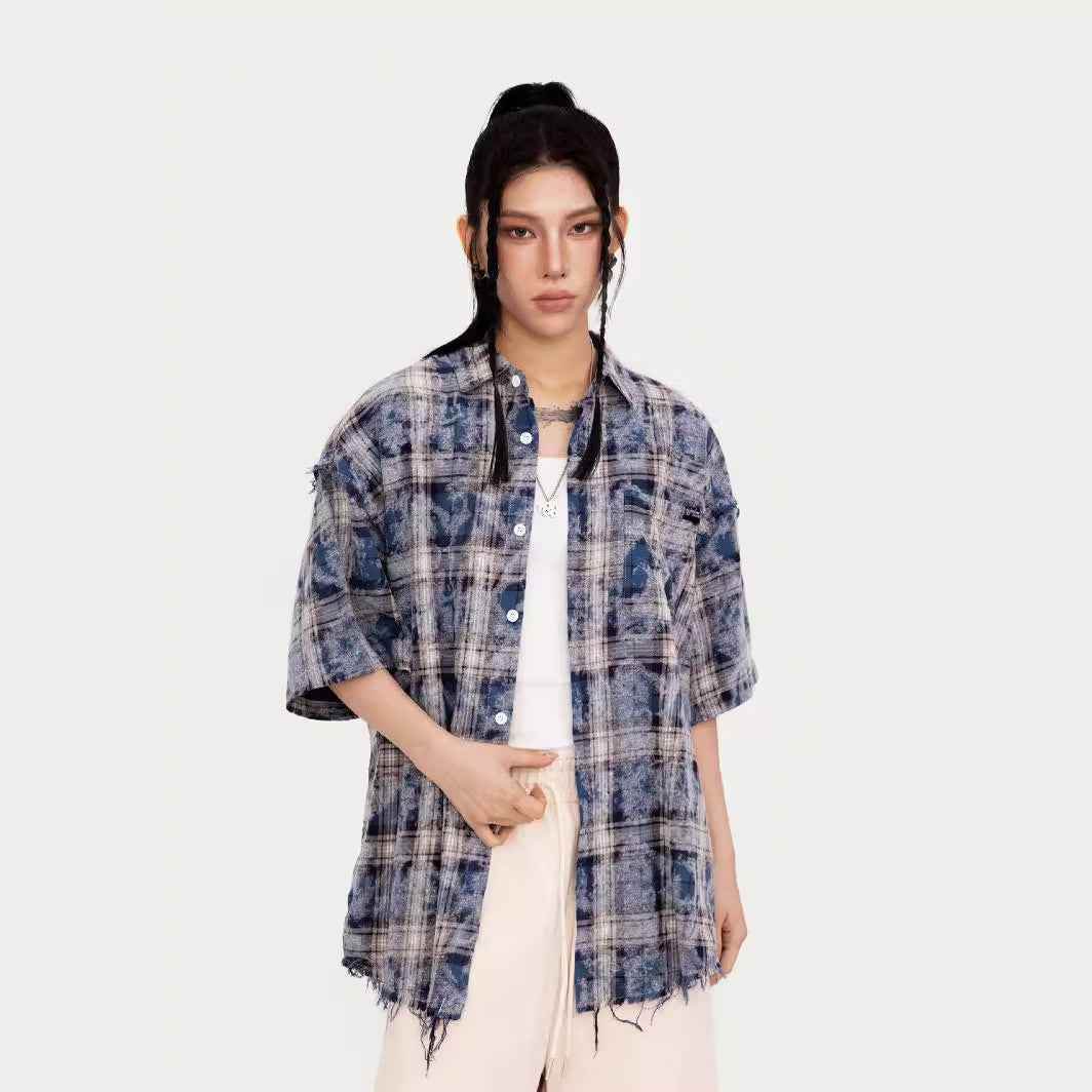 American Tie-dye Short Sleeve Plaid Shirt For Women MuddyStock