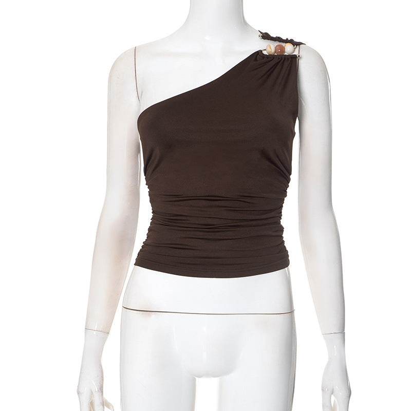 One-shoulder Knitted Vest Brown MuddyStock
