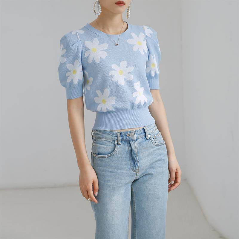 T-shirts Women Elegant Floral Trendy Patchwork Bodycon Summer Blue MuddyStock