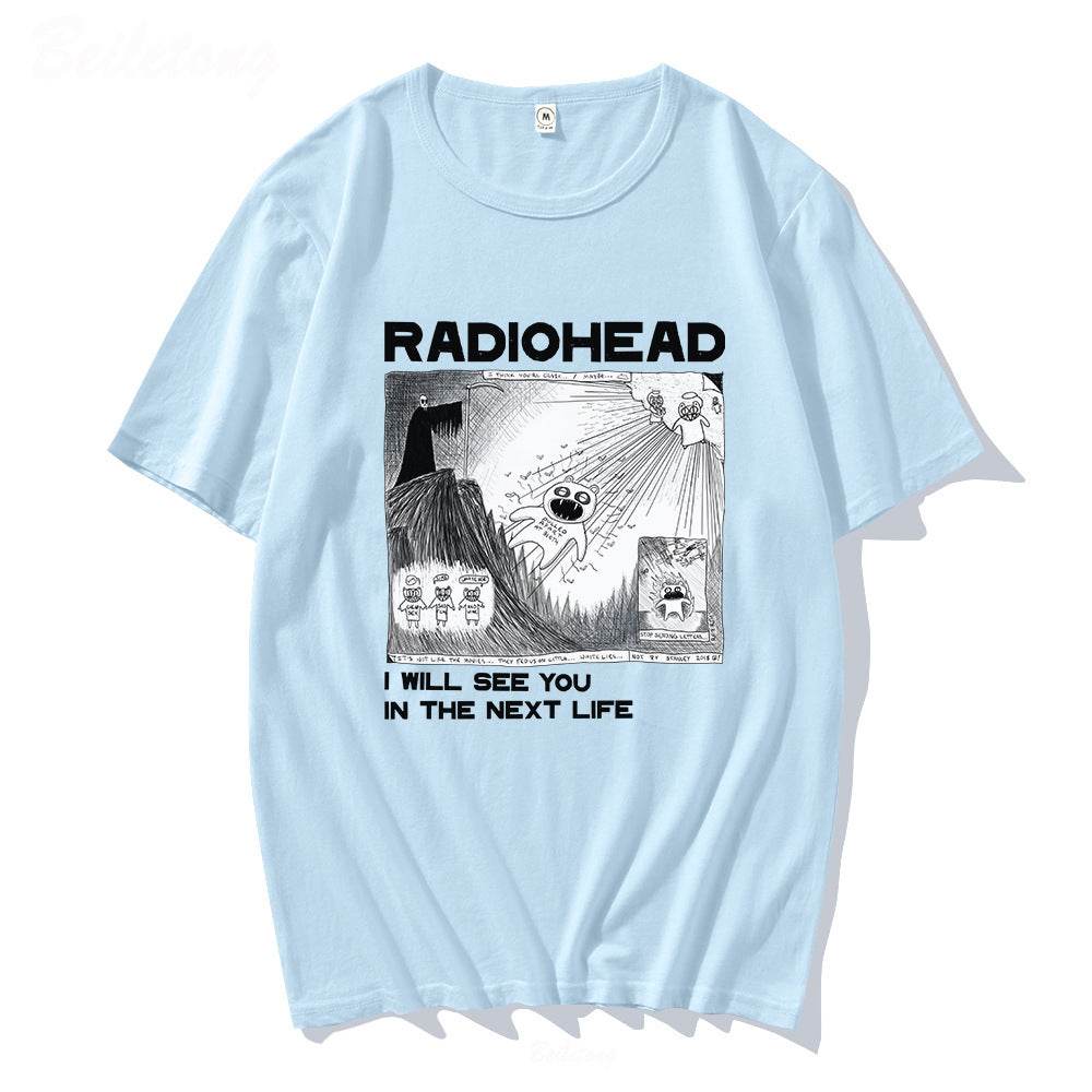 Fun Band Print Pattern Round Neck Short Sleeve Men's Light Blue MuddyStock