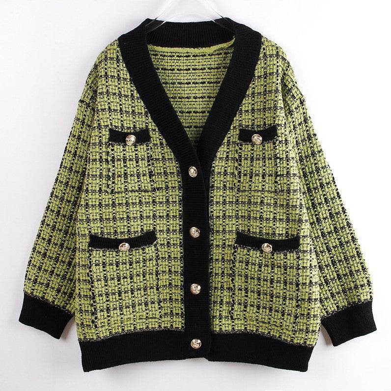 Knitted Jacket Women's Cardigan Plaid Loose Thickening Small Fragrance Style Foreign Style Green Onesize MuddyStock