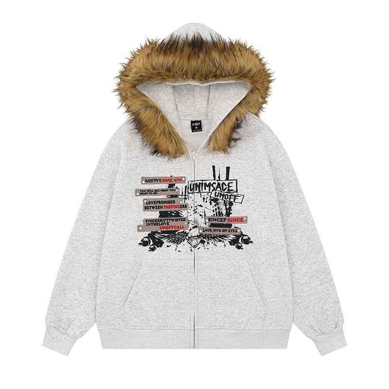 American High Street Decorative Rivets Fur Collar Hoodie For Women Melange Gray