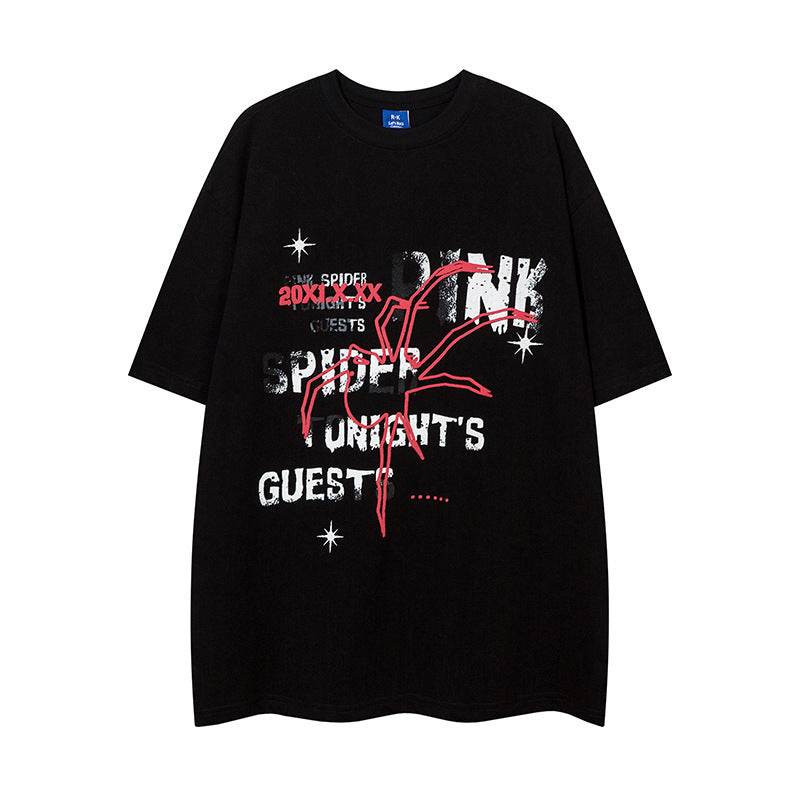 Spider Letter Print Short-sleeve For Men And Women Black MuddyStock