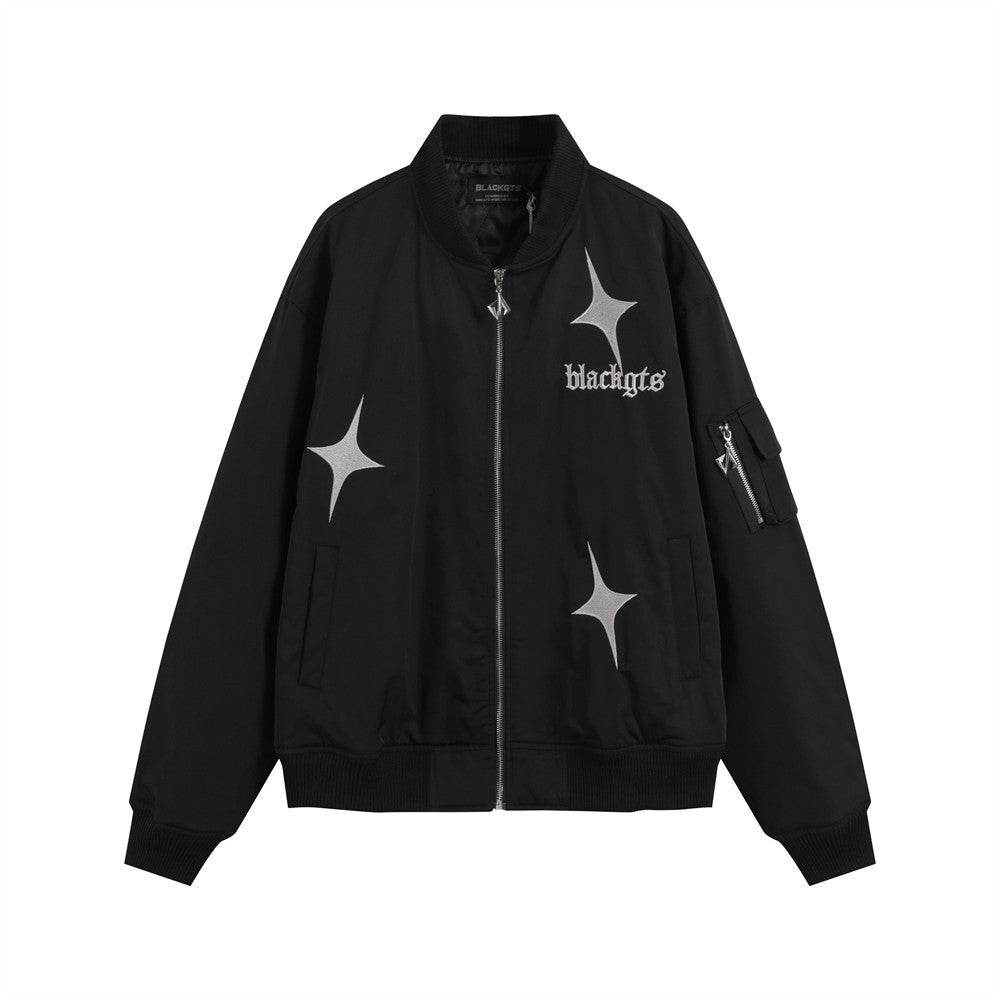 Star Letters Embroidered Stand Collar Zip Jacket For Men And Women Black MuddyStock