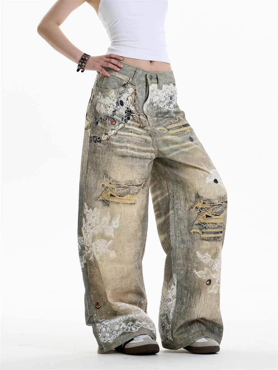 Cross Printed Jeans Women's Wide-leg Pants MuddyStock