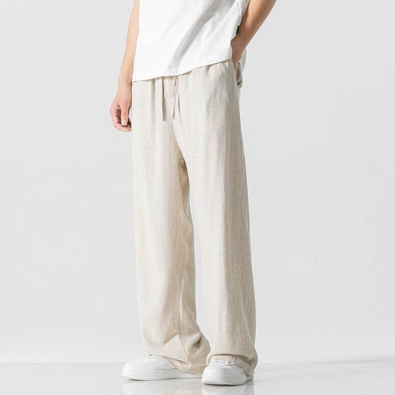 Linen Pants Men's Summer Loose Straight Casual Trousers Beige MuddyStock