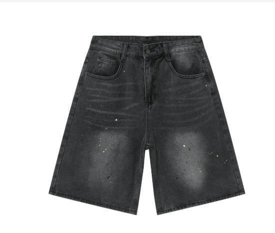 High Street Denim Shorts Loose For Men Black And Gray