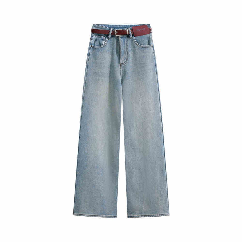 High Waist Slimming Loose Straight Fleece-lined Padded Wide Leg Jeans Light Blue MuddyStock
