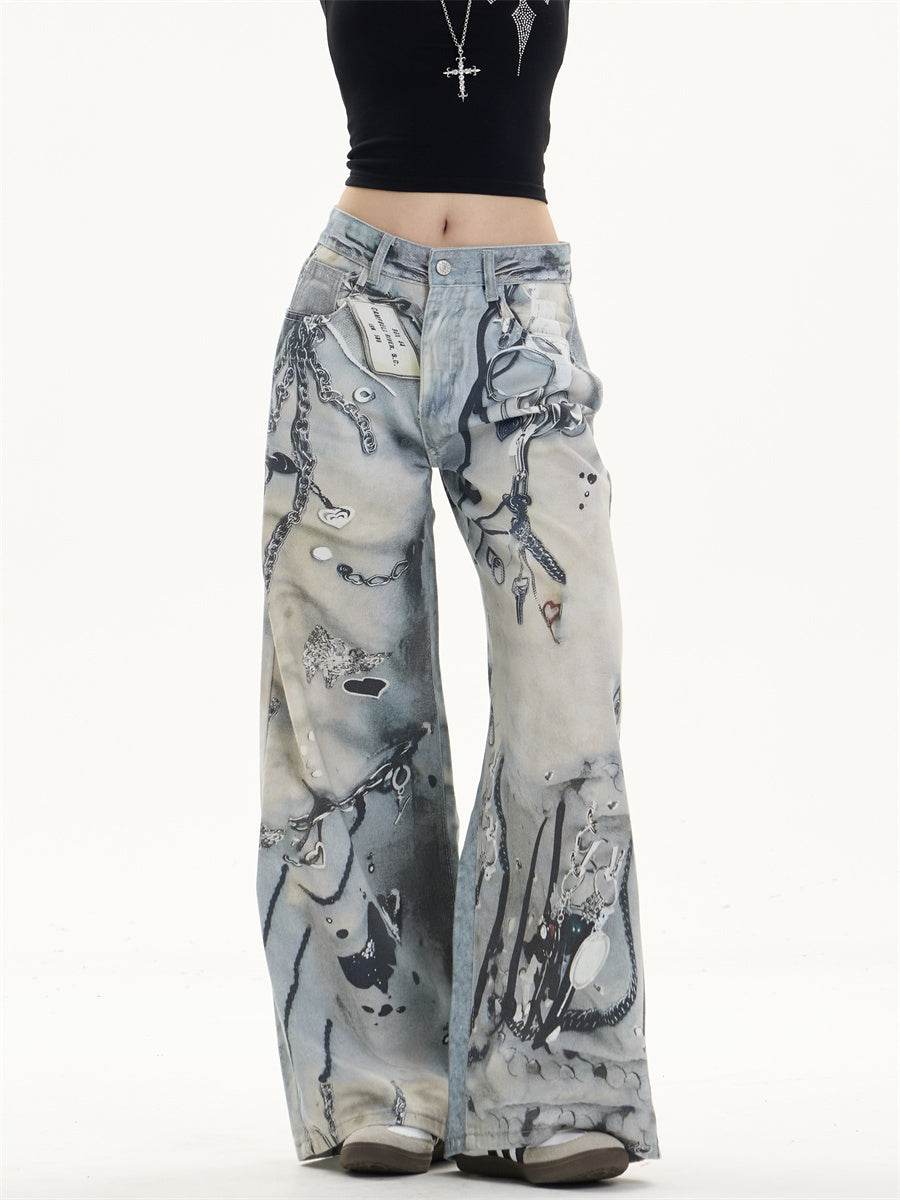 Multi-pocket Wide Leg Jeans Straight Casual Pants For Women Blue MuddyStock