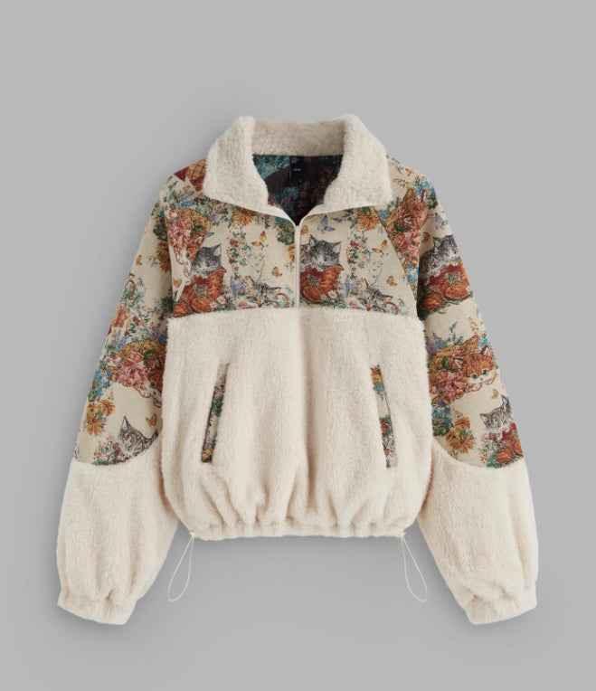 Women's Turn-down Collar Floral Cat Tie Hoodie White