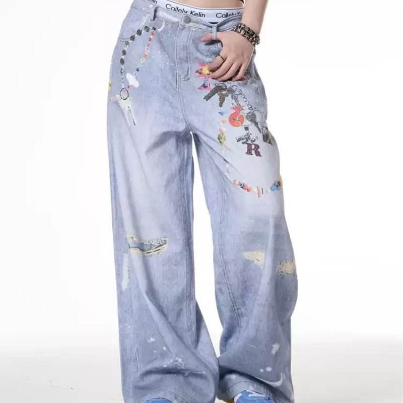 Distressed Dirty Dyed Jeans Women's Summer Design Sense Niche Loose Wide Leg MuddyStock