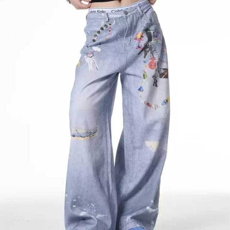 Distressed Dirty Dyed Jeans Women's Summer Design Sense Niche Loose Wide Leg