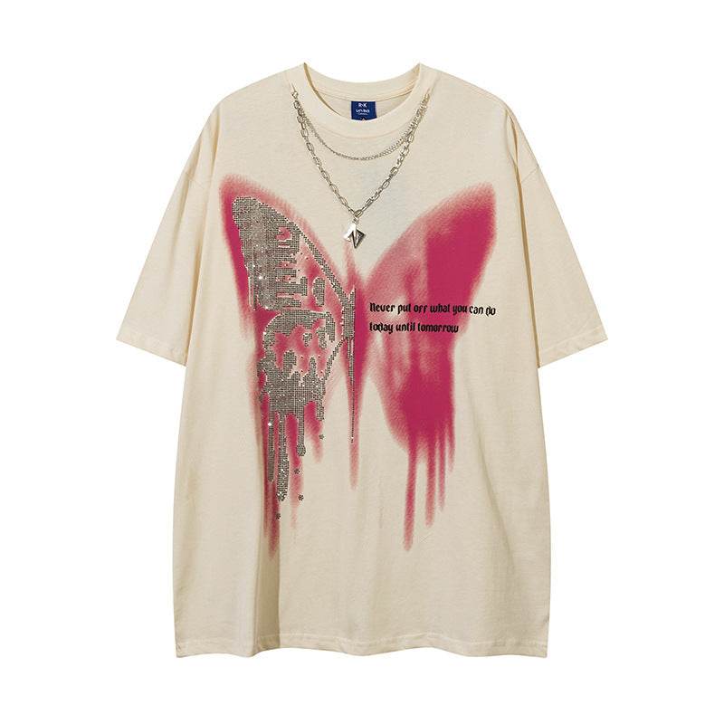 Butterfly Rhinestone Printed Necklace T-shirt For Men And Women Apricot MuddyStock