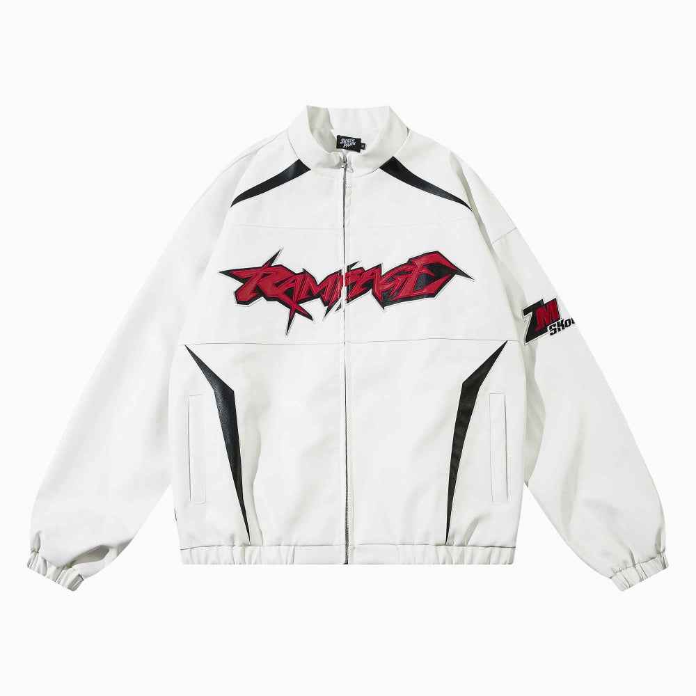 Locomotive Style PU Leather Contrast Color Jacket Couple Baggy Coat White MuddyStock