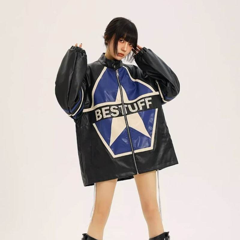 American Retro Biker's Jacket Trendy Leather Jacket Coat For Women Black MuddyStock