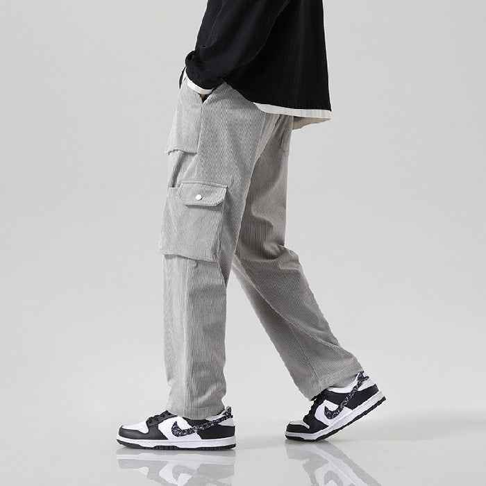 Men's Loose All-matching Corduroy Multi-pocket Straight Cargo Pants Light Gray MuddyStock
