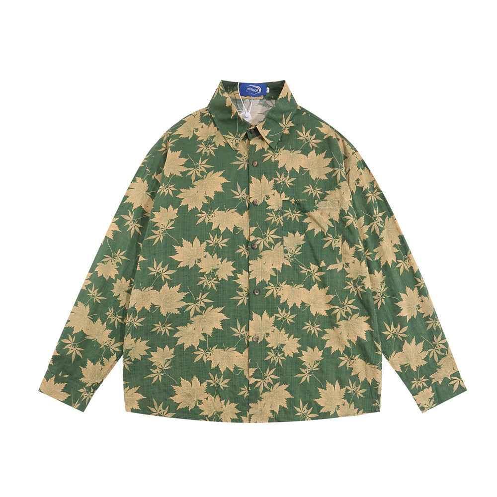 Full Printed Maple Leaf Long Sleeve Shirt For Men And Women Green MuddyStock