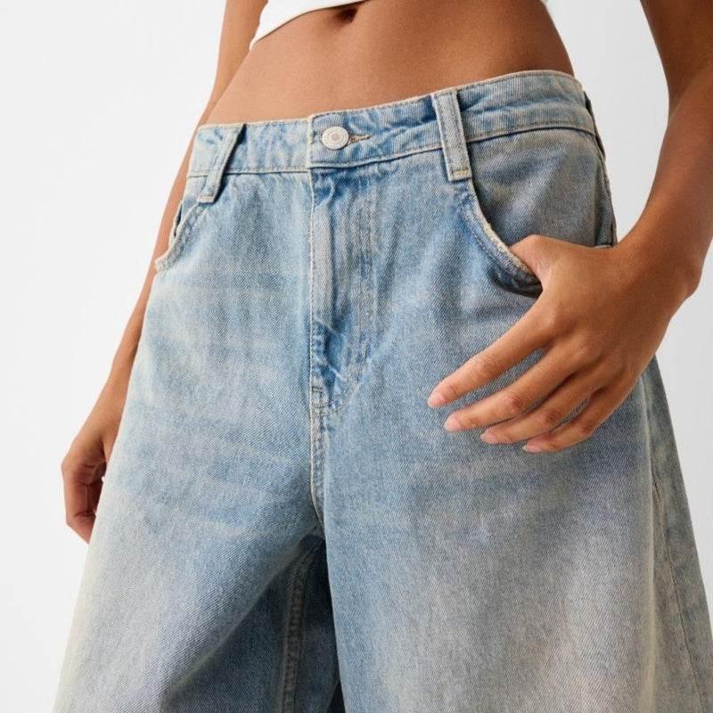 Low Waist Loose Denim Cropped Pants Light Blue MuddyStock