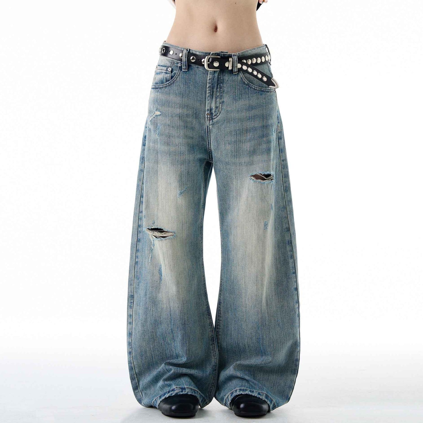 American-style Vintage Distressed Ripped Bootcut Jeans For Men