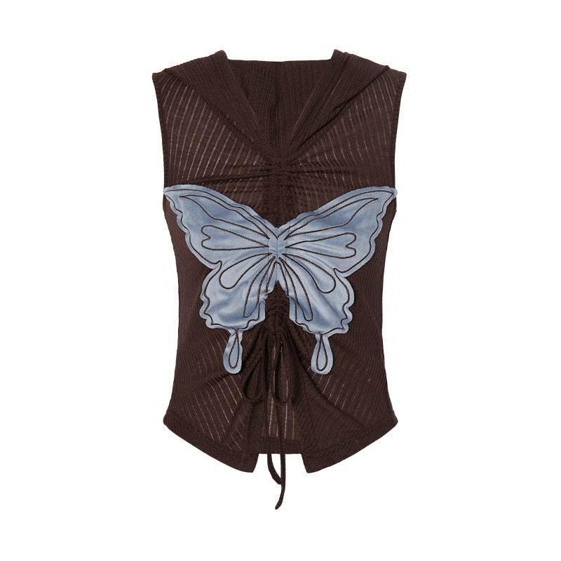 Retro Butterfly Embroidered Top For Women brown