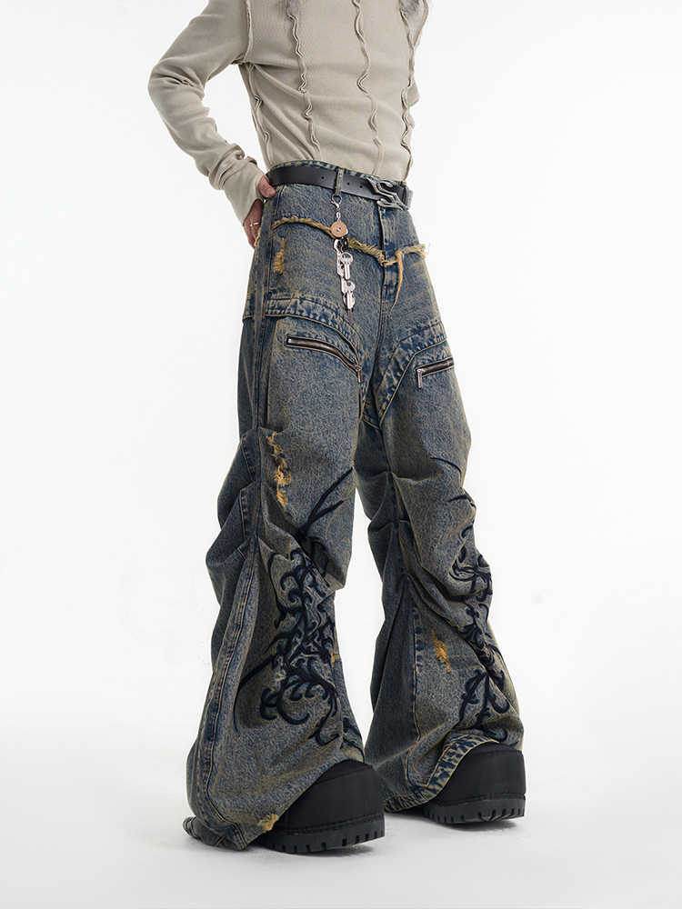 Retro Washed Distressed Zipper Embroidered Pleated Mopping Jeans MuddyStock