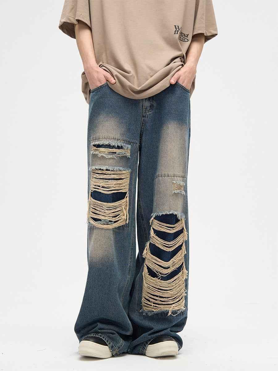 American Street Patch Ripped Design Sense Niche Jeans For Men And Women blue