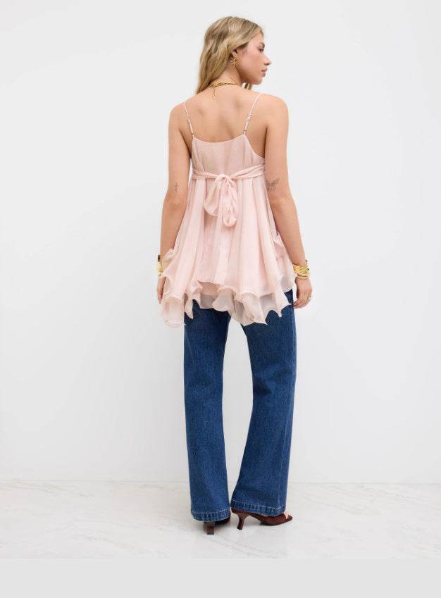 Mesh Camisole Short Top With Laminated Ruffles MuddyStock