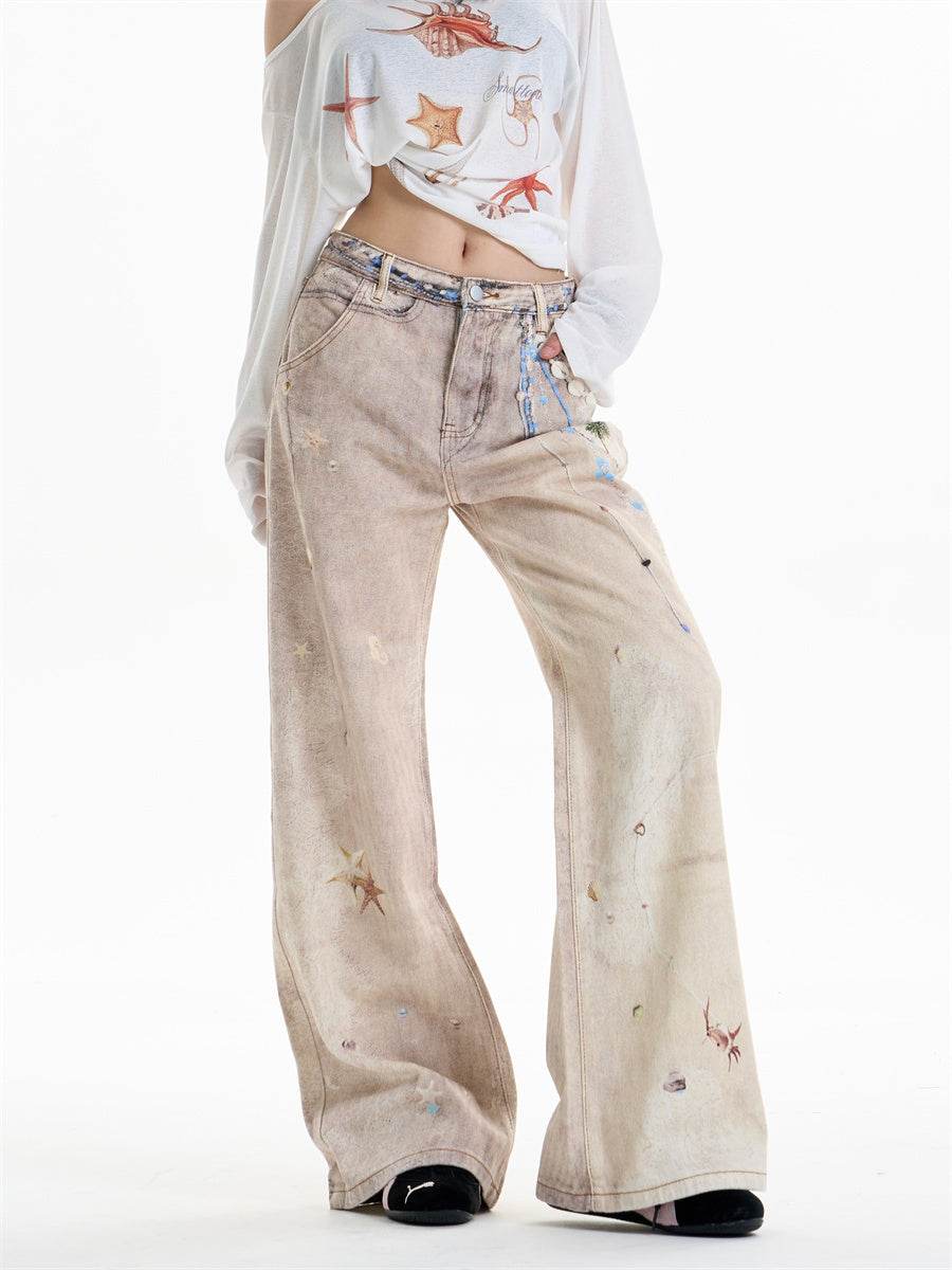 Retro Chain Print Worn Women's Straight Wide-leg Pants MuddyStock