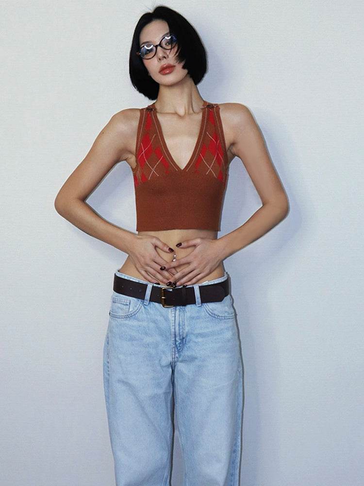 Retro Diamond Short Woolen Vest MuddyStock