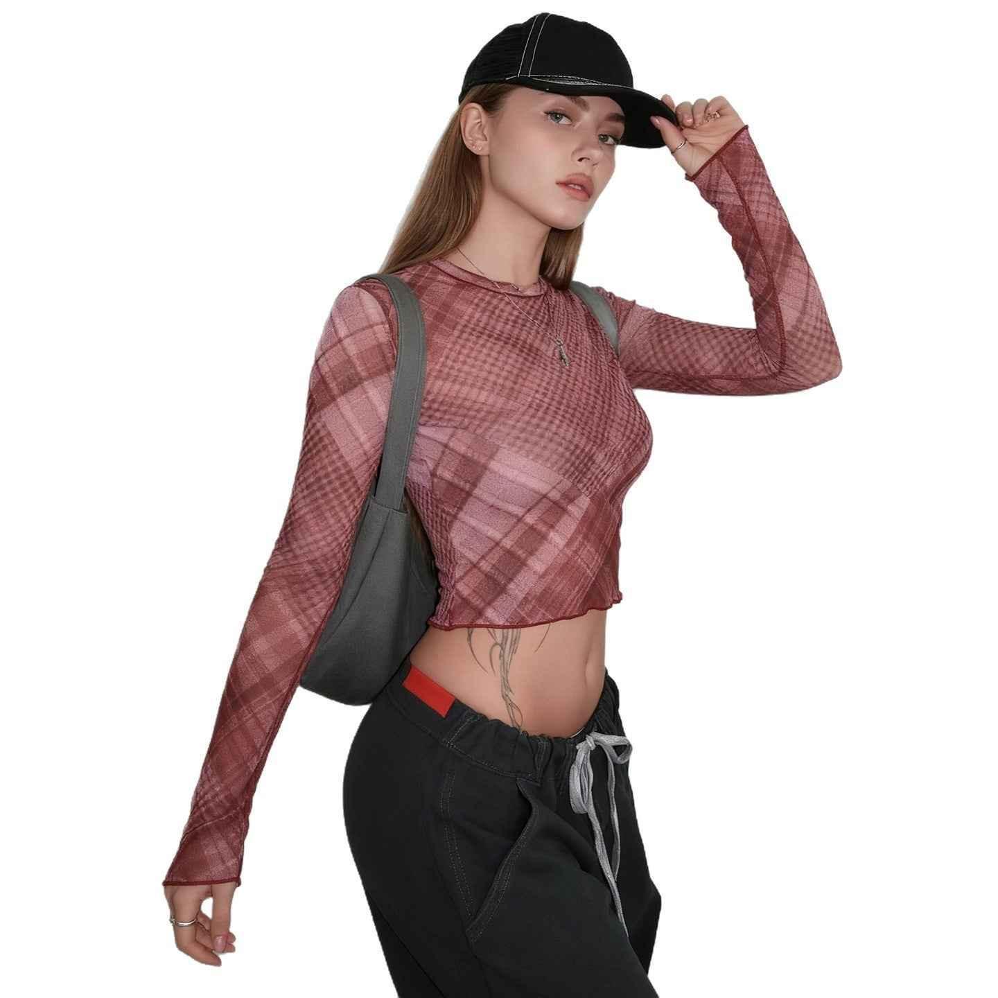 Check Mesh Outerwear Lightweight See-through Top